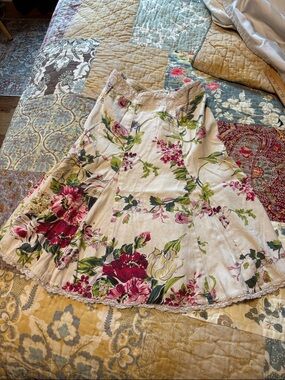 CAbi Floral Cotton Skirt in Cream with Pink & Green Accents